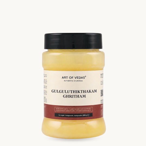 Art of Vedas Gulgulu Thikthakam Ghritham, klasszikus ájurvédikus ghí: Guggulu, kurkuma, gyömbér. 150 g-os tégely