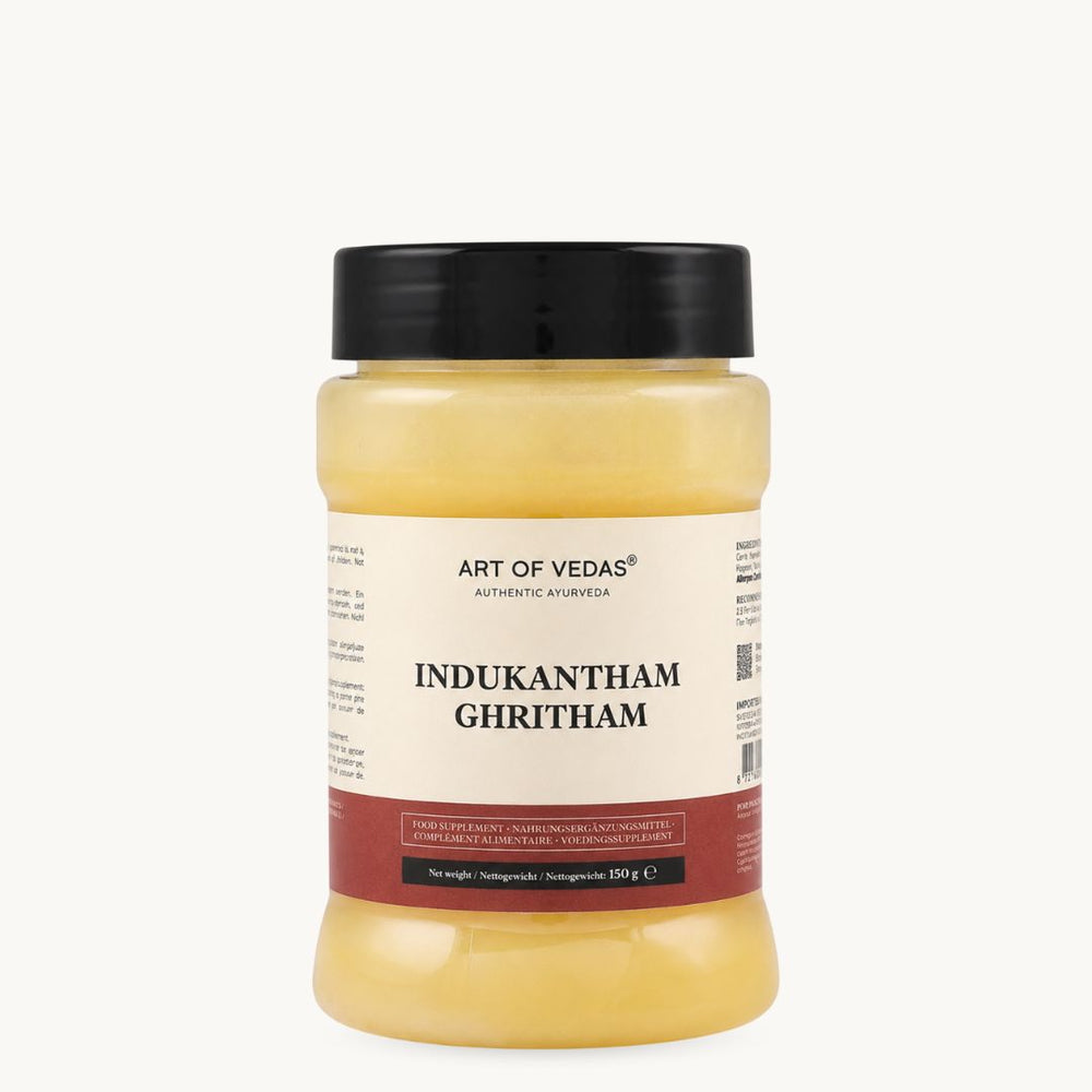Art of Vedas Indukantham Ghritham, klasszikus ájurvédikus ghí: gyömbér, hosszú bors, kősó. 150 g-os tégely
