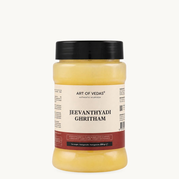 Art of Vedas Jeevanthyadi Ghritham, klasszikus ájurvédikus ghí: Ashwagandha, Haritaki, kapor. 150 g-os tégely
